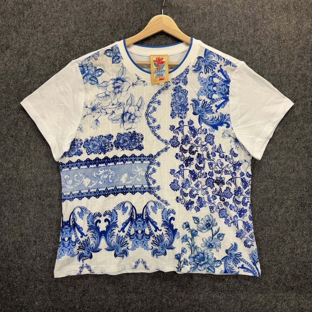 Johnny Was Mixed Media Shirt Vallora Womens Large Short Sleeve Floral Blue Boho